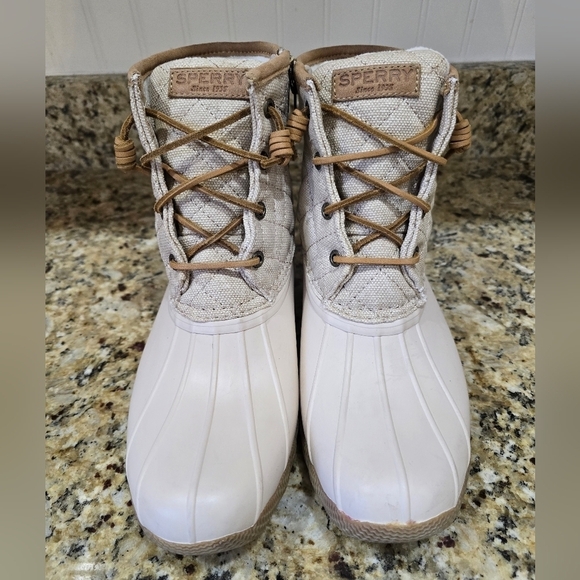 Sperry Top sider Saltwater Women duck boots Nylon Quilt Ivory Sz 9 - Picture 2 of 8